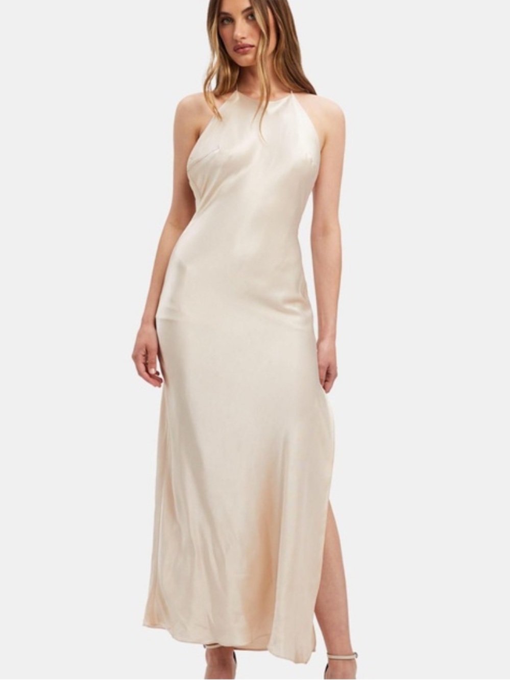 Bardot Boston Slip Drape Open Back Dress in Champagne US4 NEW Georgette Fabric